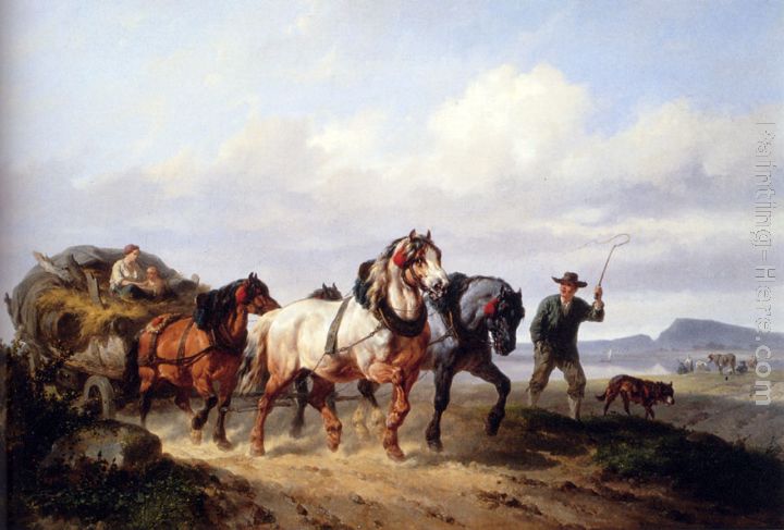 Horses Pulling A Hay Wagon In A Landscape painting - Wouter Verschuur Horses Pulling A Hay Wagon In A Landscape art painting